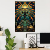 Art Deco Celtic Tree of Life Pyramid Gold Teal  ポスター (ホームオフィス)
