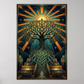 Art Deco Celtic Tree of Life Pyramid Gold Teal  ポスター (正面)