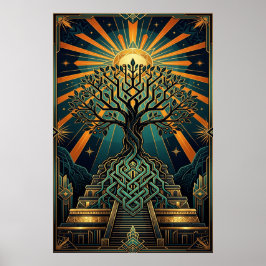 Art Deco Celtic Tree of Life Pyramid Gold Teal  ポスター
