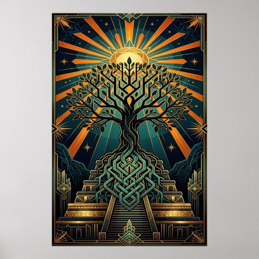 Art Deco Celtic Tree of Life Pyramid Gold Teal  ポスター (正面)