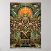 Art Deco Cherry Blossom Tree Throne Gold Teal ポスター (正面)