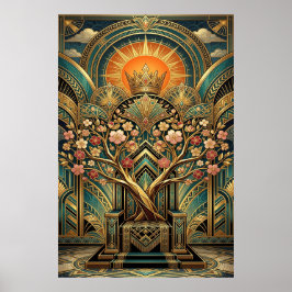 Art Deco Cherry Blossom Tree Throne Gold Teal ポスター
