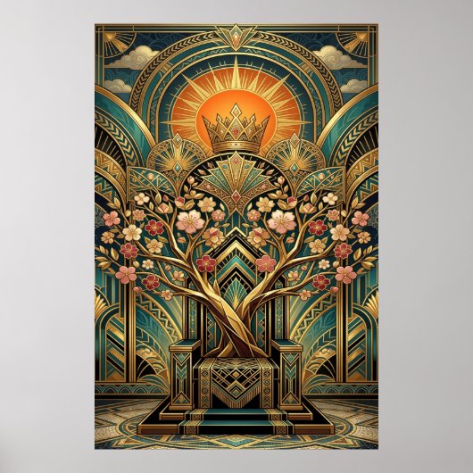 Art Deco Cherry Blossom Tree Throne Gold Teal ポスター (正面)