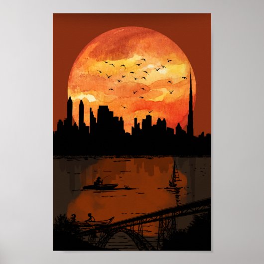 Art Deco City Skyline Sunset Geometric Gold & Bron ポスター (正面)