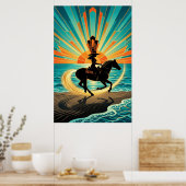 Art Deco Cowgirl Horse Beach Waves Sunset Poster ポスター (キッチン)