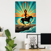 Art Deco Cowgirl Horse Beach Waves Sunset Poster ポスター (ホームオフィス)