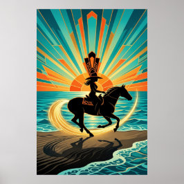 Art Deco Cowgirl Horse Beach Waves Sunset Poster ポスター