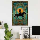 Art Deco Cowgirl Horse Monument Sunburst ポスター (ホームオフィス)