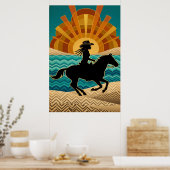 Art Deco Cowgirl Horse Sunset Teal Orange Poster ポスター (キッチン)