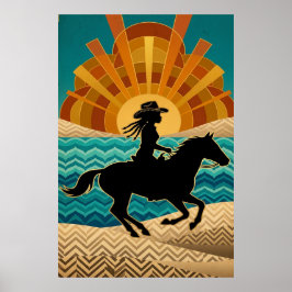 Art Deco Cowgirl Horse Sunset Teal Orange Poster ポスター