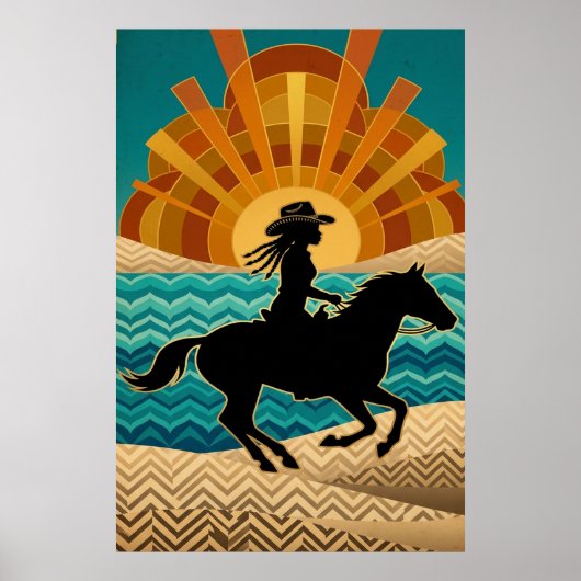 Art Deco Cowgirl Horse Sunset Teal Orange Poster ポスター (正面)