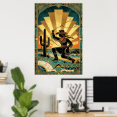 Art Deco Cowgirl Lasso Cactus Desert Sunset Poster ポスター (ホームオフィス)