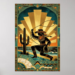 Art Deco Cowgirl Lasso Cactus Desert Sunset Poster ポスター