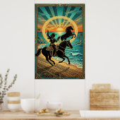Art Deco Cowgirl Lasso Horse Beach Sunset Poster ポスター (キッチン)