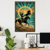 Art Deco Cowgirl Lasso Horse Beach Sunset Poster ポスター (ホームオフィス)