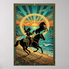Art Deco Cowgirl Lasso Horse Beach Sunset Poster ポスター