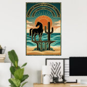 Art Deco Cubist Woman Celestial Sunburst Gold Teal ポスター (ホームオフィス)