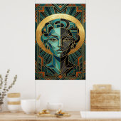Art Deco Cubist Woman Face Gold Teal Poster ポスター (キッチン)