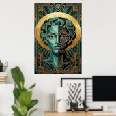Art Deco Cubist Woman Face Gold Teal Poster ポスター (ホームオフィス)