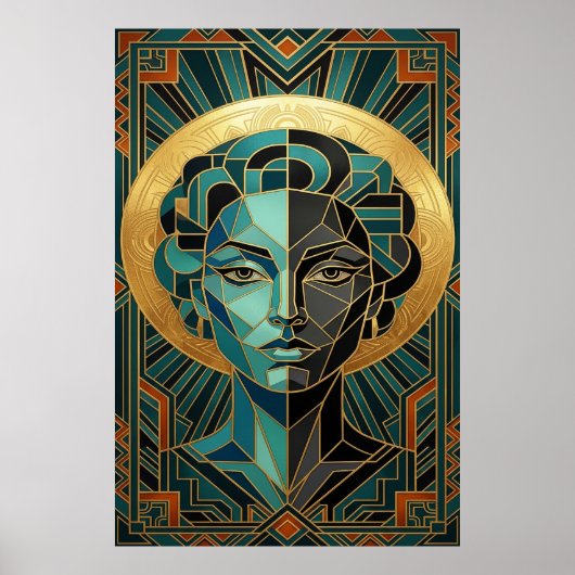 Art Deco Cubist Woman Face Gold Teal Poster ポスター (正面)