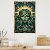 Art Deco Cubist Woman Sunset Gold Teal Poster ポスター (キッチン)