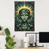 Art Deco Cubist Woman Sunset Gold Teal Poster ポスター (ホームオフィス)