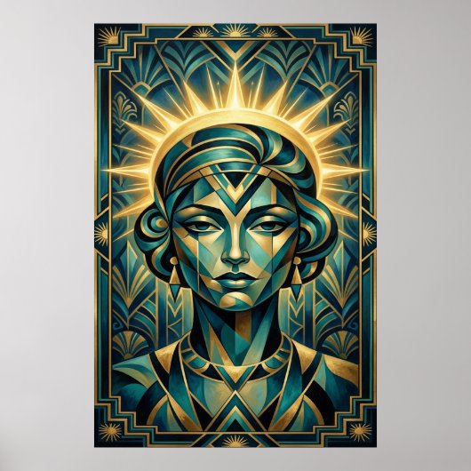 Art Deco Cubist Woman Sunset Gold Teal Poster ポスター (正面)