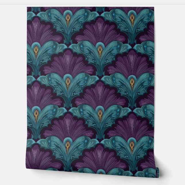 Art Deco Dark Purple and Teal Fans 壁紙 (ほどく)
