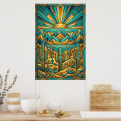 Art Deco Desert Sunset Poster - Geometric Saguaro  ポスター (キッチン)