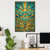 Art Deco Desert Sunset Poster - Geometric Saguaro  ポスター (ホームオフィス)