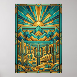 Art Deco Desert Sunset Poster - Geometric Saguaro ポスター