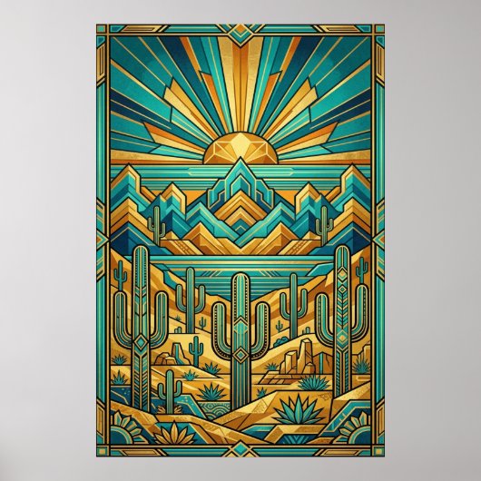 Art Deco Desert Sunset Poster - Geometric Saguaro  ポスター (正面)