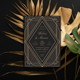 Art Deco Diamond Black and Gold Wedding 招待状
