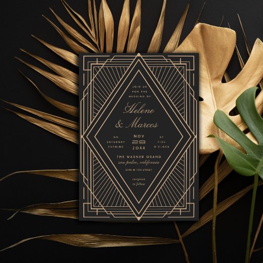 Art Deco Diamond Black and Gold Wedding 招待状
