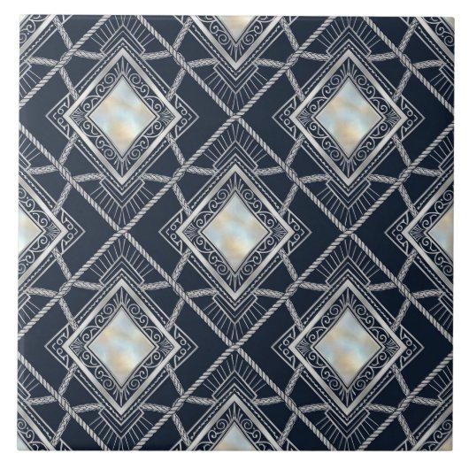 Art Deco Diamond Geometric Silver Navy Inlay タイル (正面)