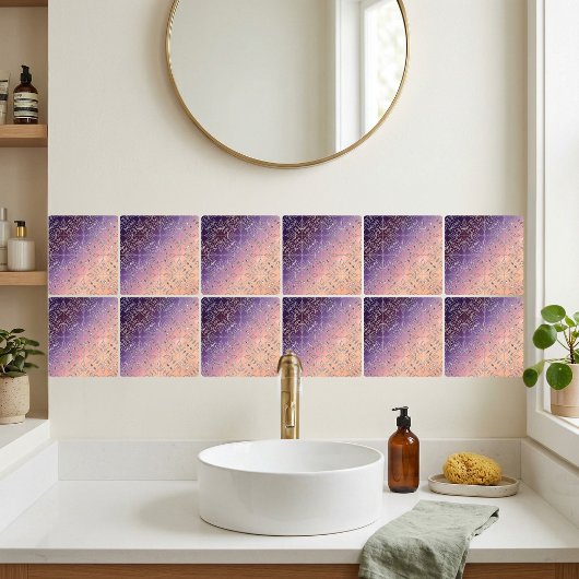 Art Deco Diamond Pattern Purple Peach Ombre  タイル