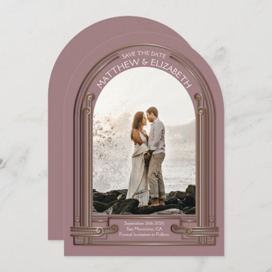 Art Deco Dusty Rose Bronze Arch Save the Date 招待状 (正面/裏面)