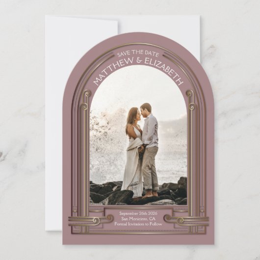 Art Deco Dusty Rose Bronze Arch Save the Date 招待状 (正面)