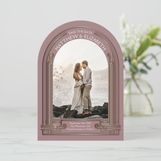 Art Deco Dusty Rose Bronze Arch Save the Date 招待状 (スタンド正面)