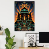 Art Deco Egyptian Revival Temple Gold & Teal ポスター (ホームオフィス)