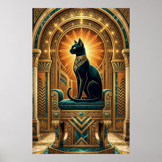 Art Deco Egyptian Throne Cat Wall Art ポスター (正面)