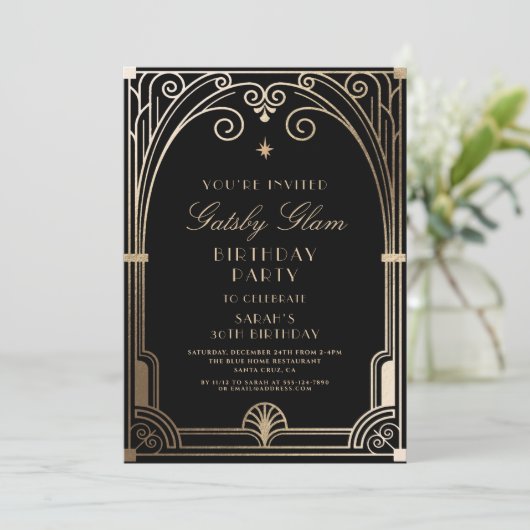 Art Deco Elegant Black Gold 20s Classic Birthday 招待状 (スタンド正面)