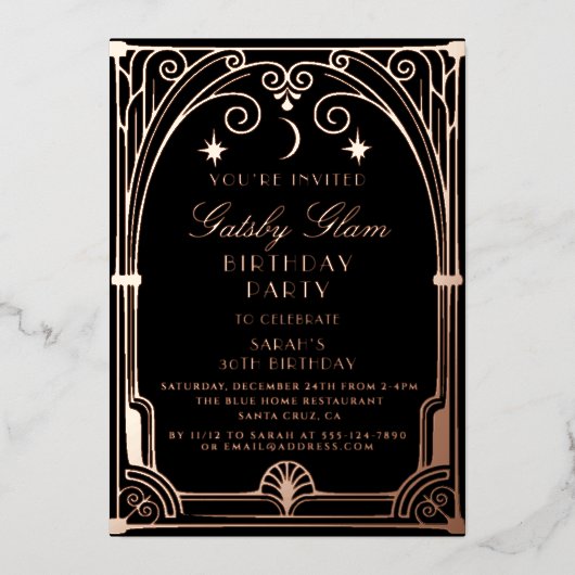 Art Deco Elegant Black Gold 20s Classic Birthday 箔招待状 (正面)
