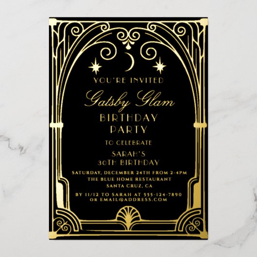 Art Deco Elegant Black Gold 20s Classic Birthday 箔招待状 (正面)