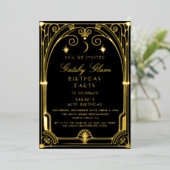 Art Deco Elegant Black Gold 20s Classic Birthday 箔招待状 (立ち正面)