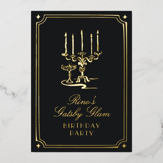 Art Deco Elegant Black Gold 20s Classic Wedding 箔招待状 (正面)