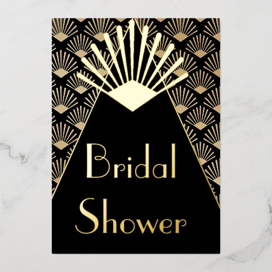 Art Deco Elegant Black Gold Bridal Shower  箔招待状 (正面)
