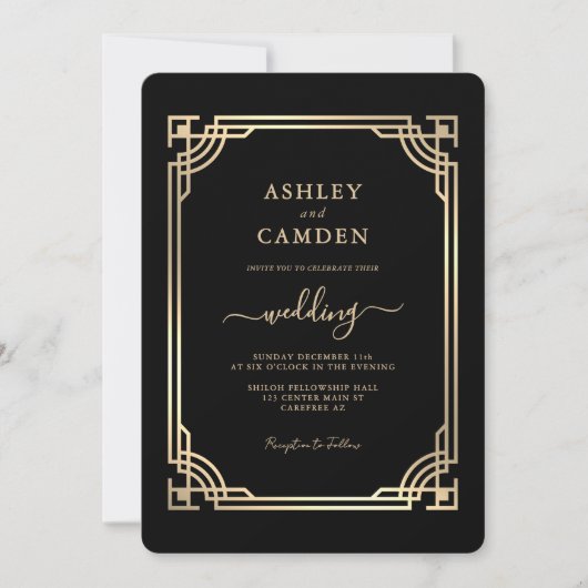 Art Deco Elegant Gold Frame Wedding 招待状 (正面)