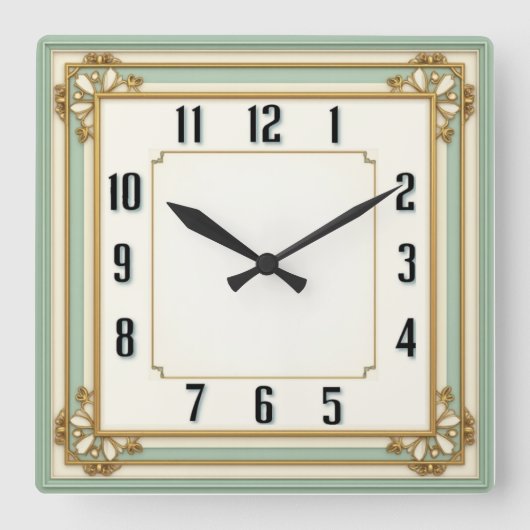 Art Deco Elegant Mint スクエア壁時計 (正面)