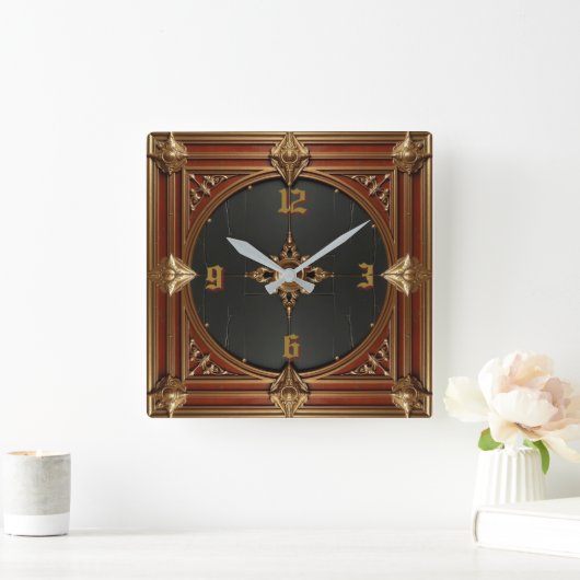 Art Deco Elegant Red スクエア壁時計 (ホーム)
